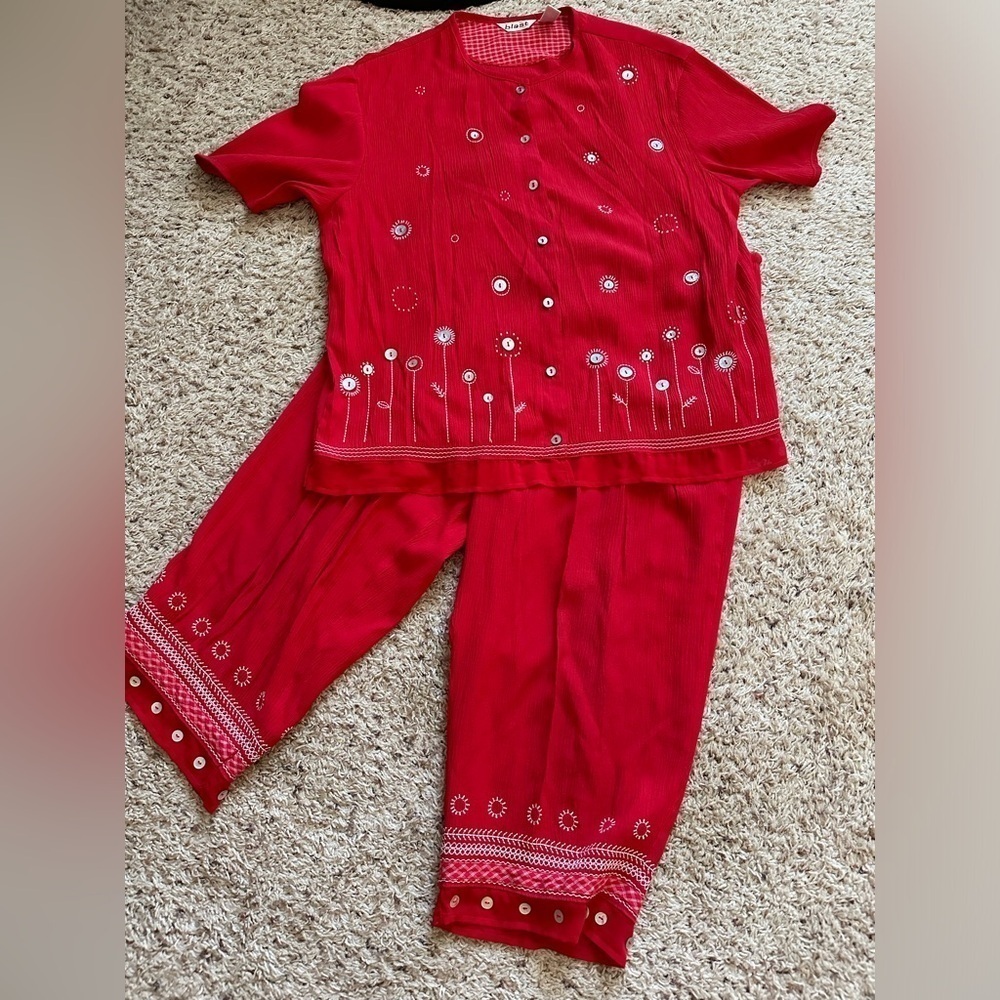 Vintage Blast Women’s Red Outfit Set Shirt Pants cottagecore grandmacore